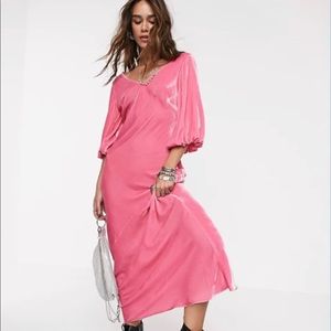 Puffy sleeve empire waist pink velvet dress